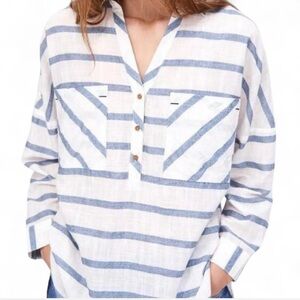 ZARA Oversized Stripe Linen Blend White & Navy Long-Sleeve Top {XSmall}